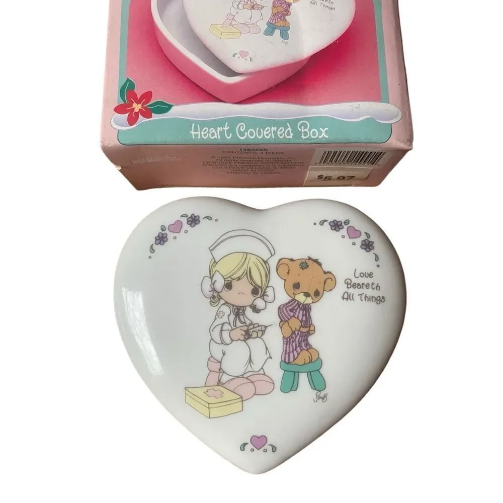 Vintage 90s Precious Moments- Heart Shaped Ceramic Trinket Boxes box